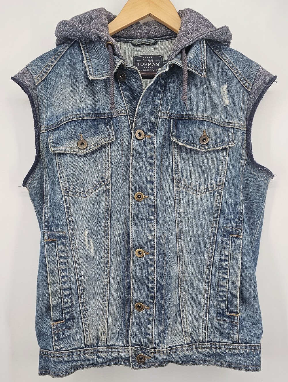 Topman Hooded Denim Vest Mens M Distressed Jean Jacket Grunge Y2K Sleeveless